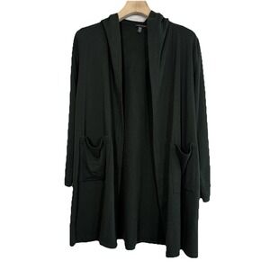 Eileen Fisher Sweater Women XS Green Long Hooded Open Front Cardigan Duster Soft